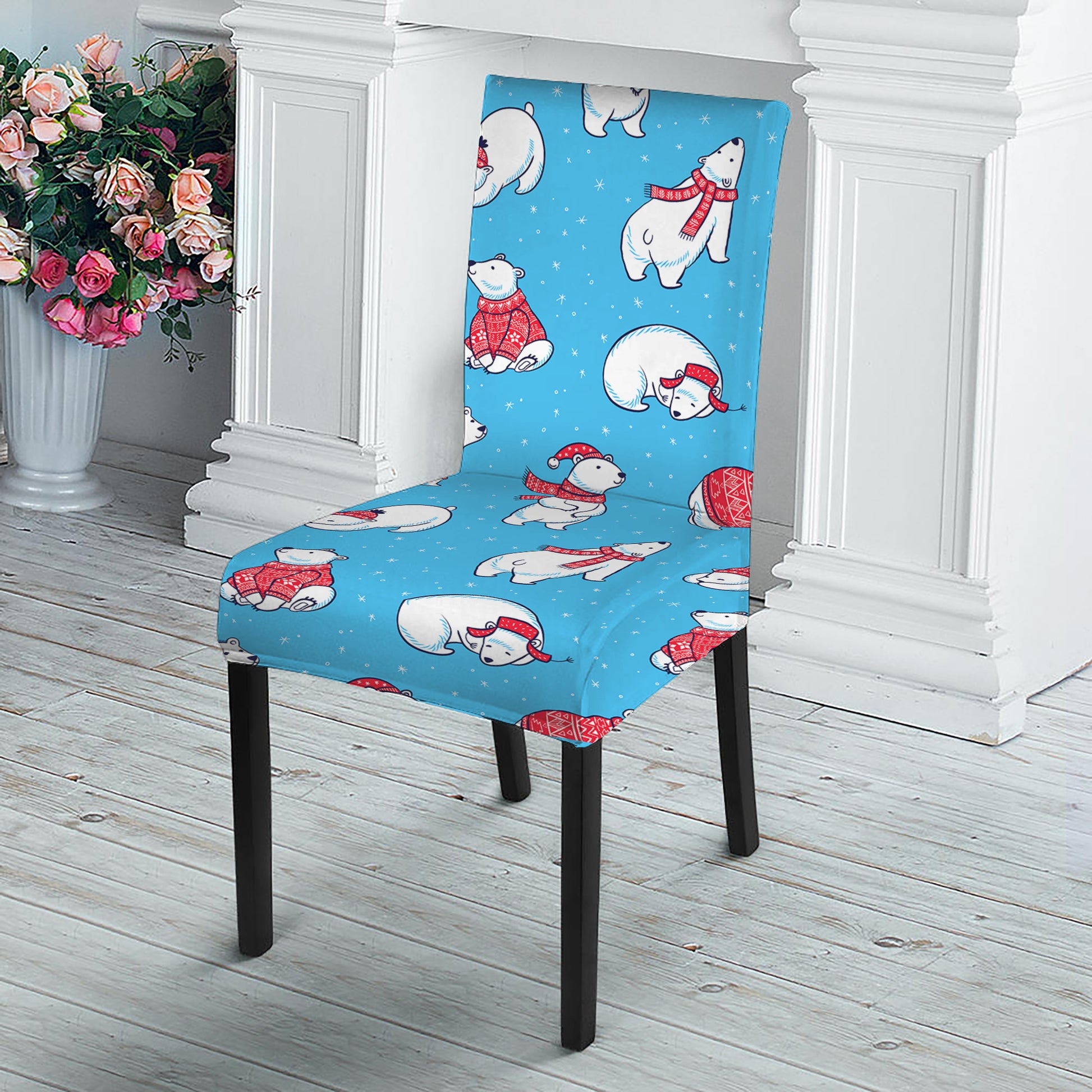Xmas Polar Bear Pattern Print Dining Chair Slipcover