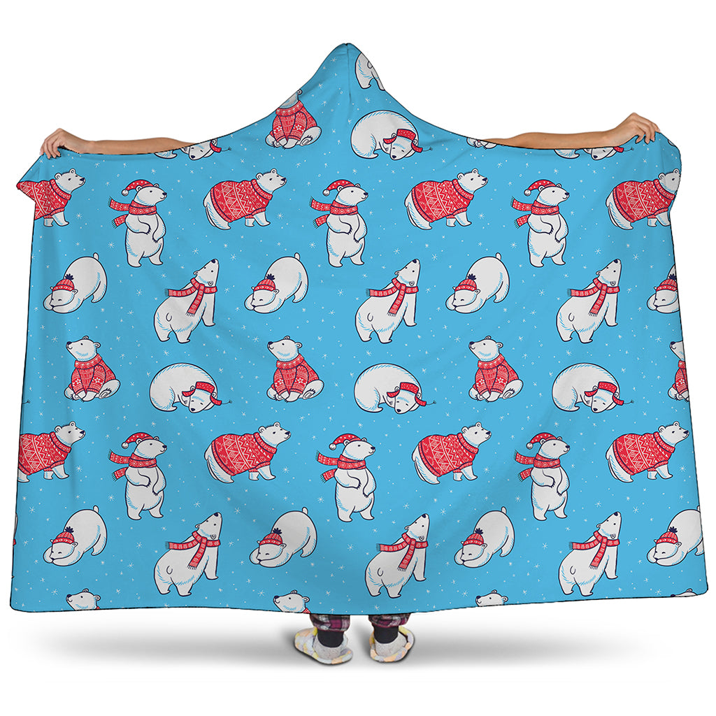 Xmas Polar Bear Pattern Print Hooded Blanket