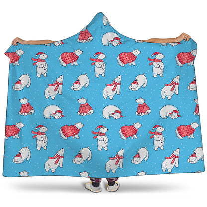 Xmas Polar Bear Pattern Print Hooded Blanket