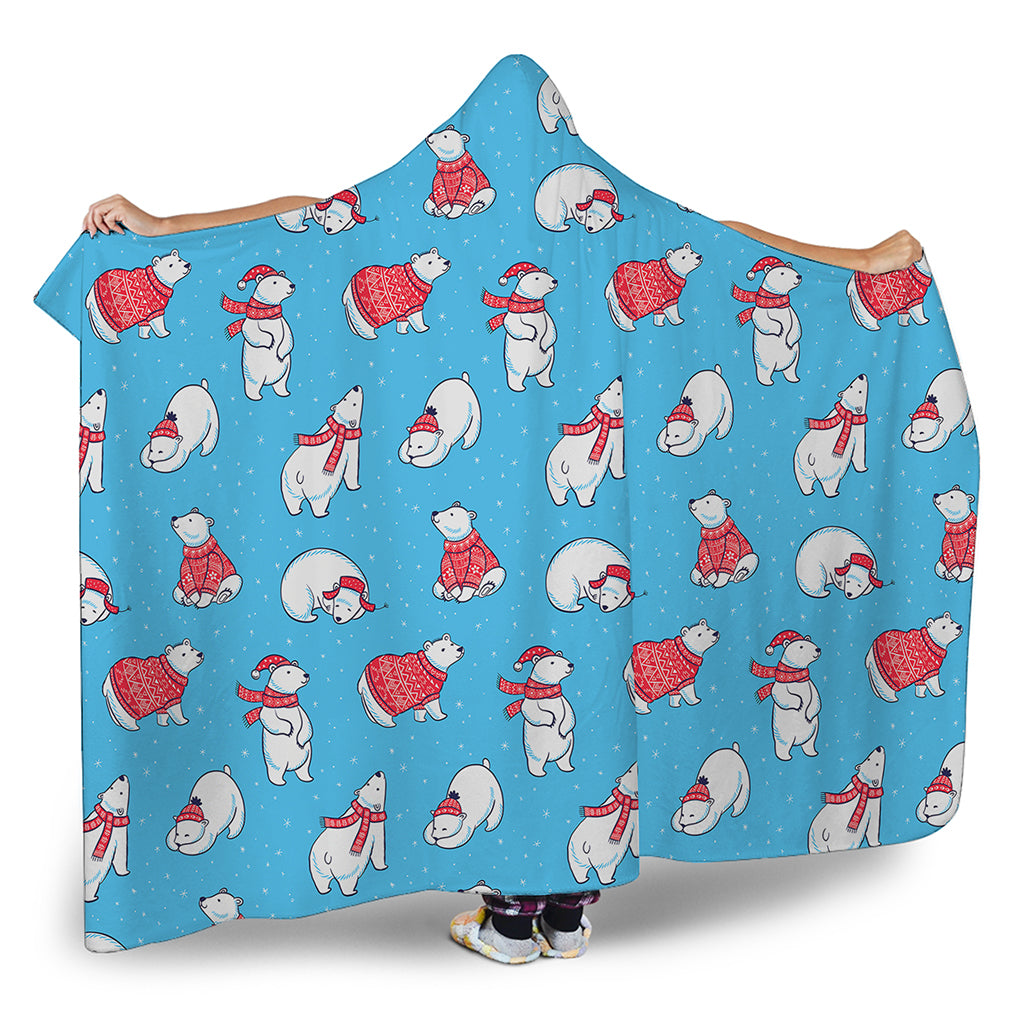 Xmas Polar Bear Pattern Print Hooded Blanket