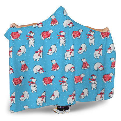 Xmas Polar Bear Pattern Print Hooded Blanket