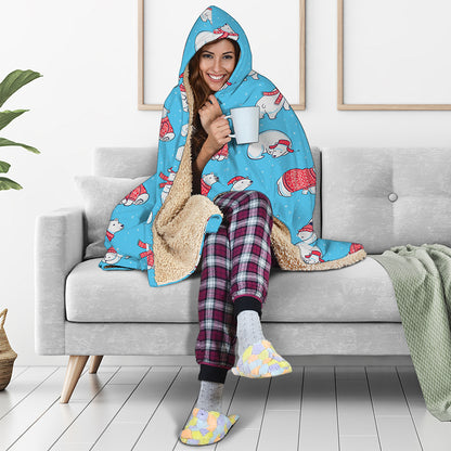 Xmas Polar Bear Pattern Print Hooded Blanket