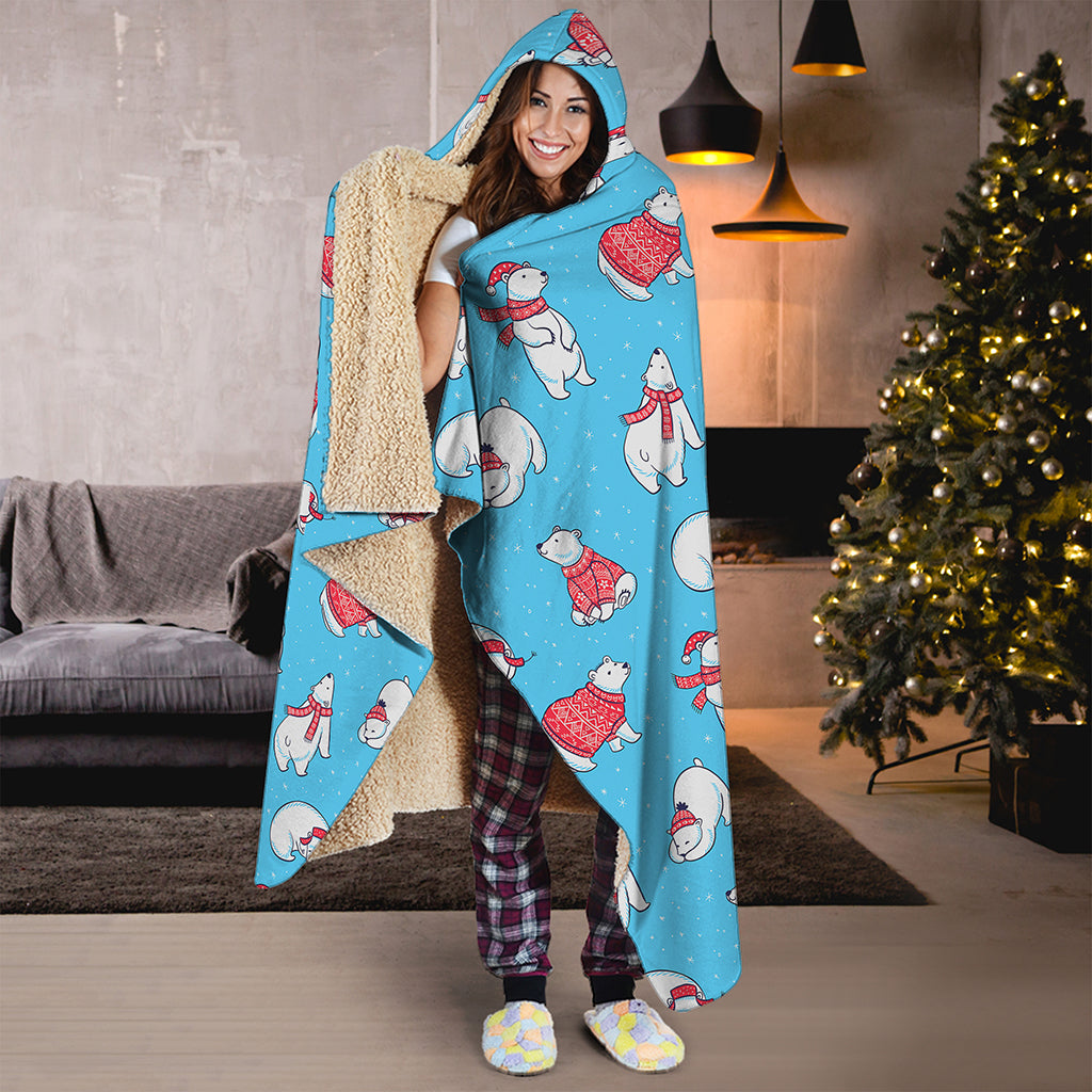 Xmas Polar Bear Pattern Print Hooded Blanket