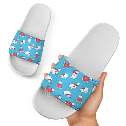 Xmas Polar Bear Pattern Print White Slide Sandals