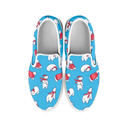 Xmas Polar Bear Pattern Print White Slip On Shoes