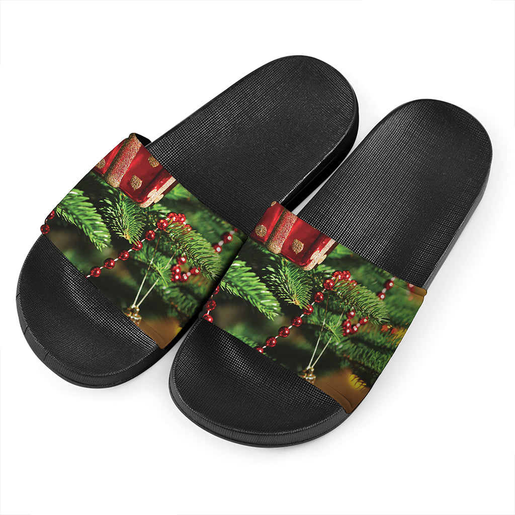 Xmas Tree Print Black Slide Sandals