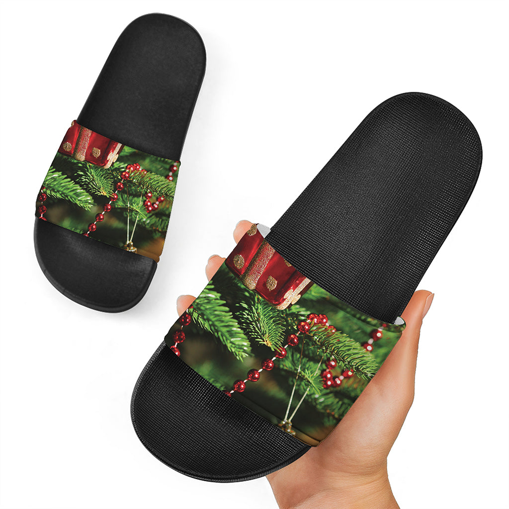 Xmas Tree Print Black Slide Sandals