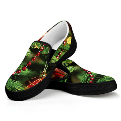 Xmas Tree Print Black Slip On Shoes