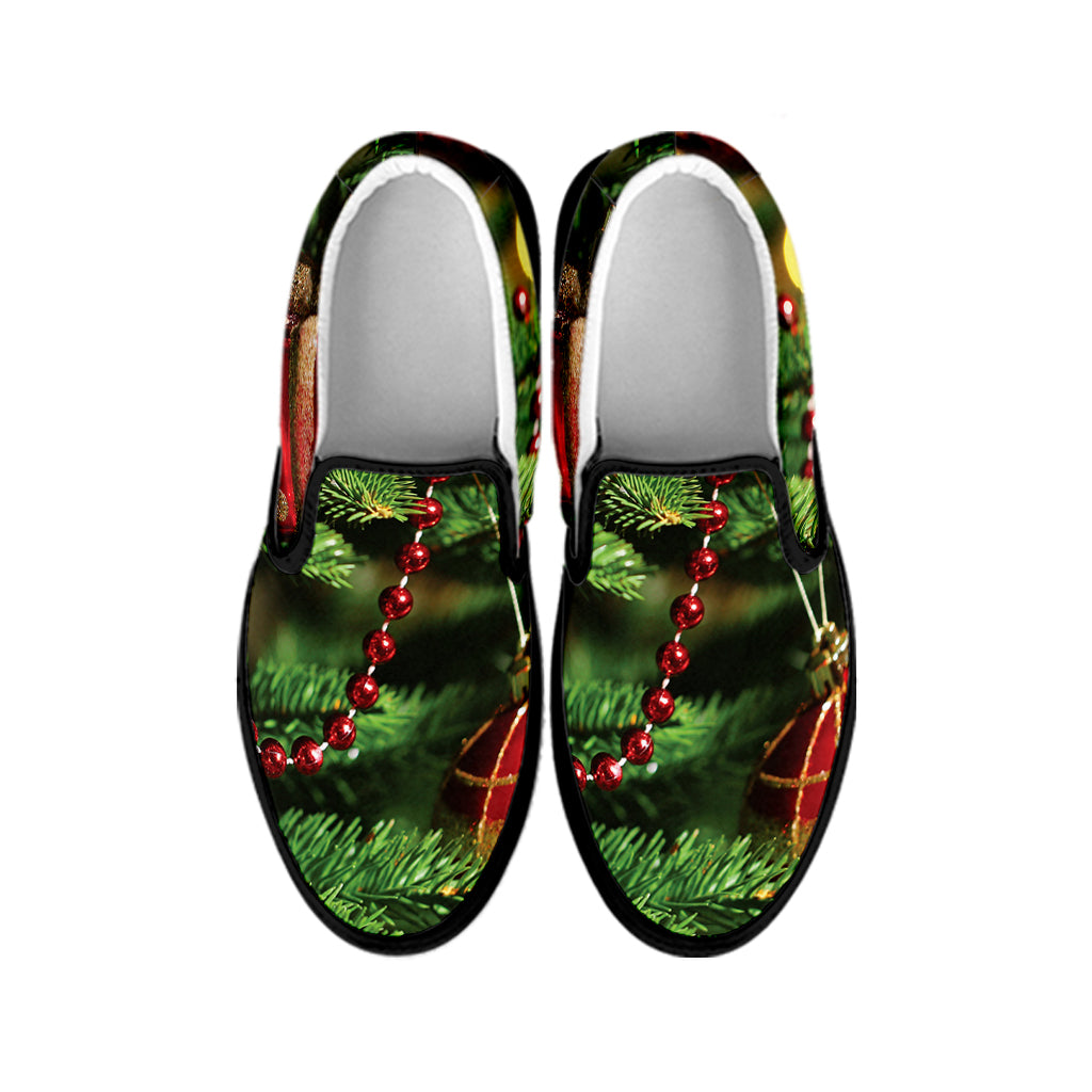 Xmas Tree Print Black Slip On Shoes
