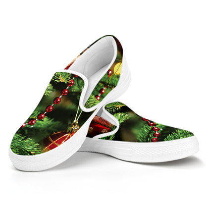 Xmas Tree Print White Slip On Shoes