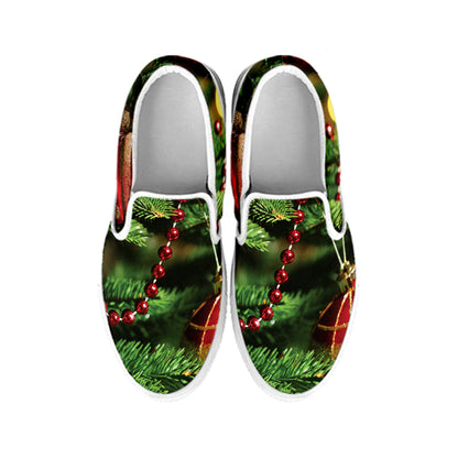 Xmas Tree Print White Slip On Shoes