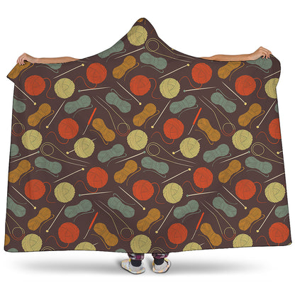 Yarn And Needle Pattern Print Hooded Blanket