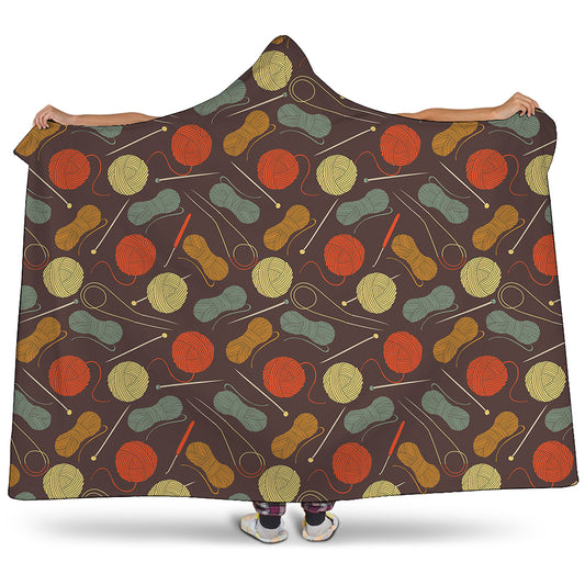 Yarn And Needle Pattern Print Hooded Blanket