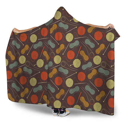 Yarn And Needle Pattern Print Hooded Blanket