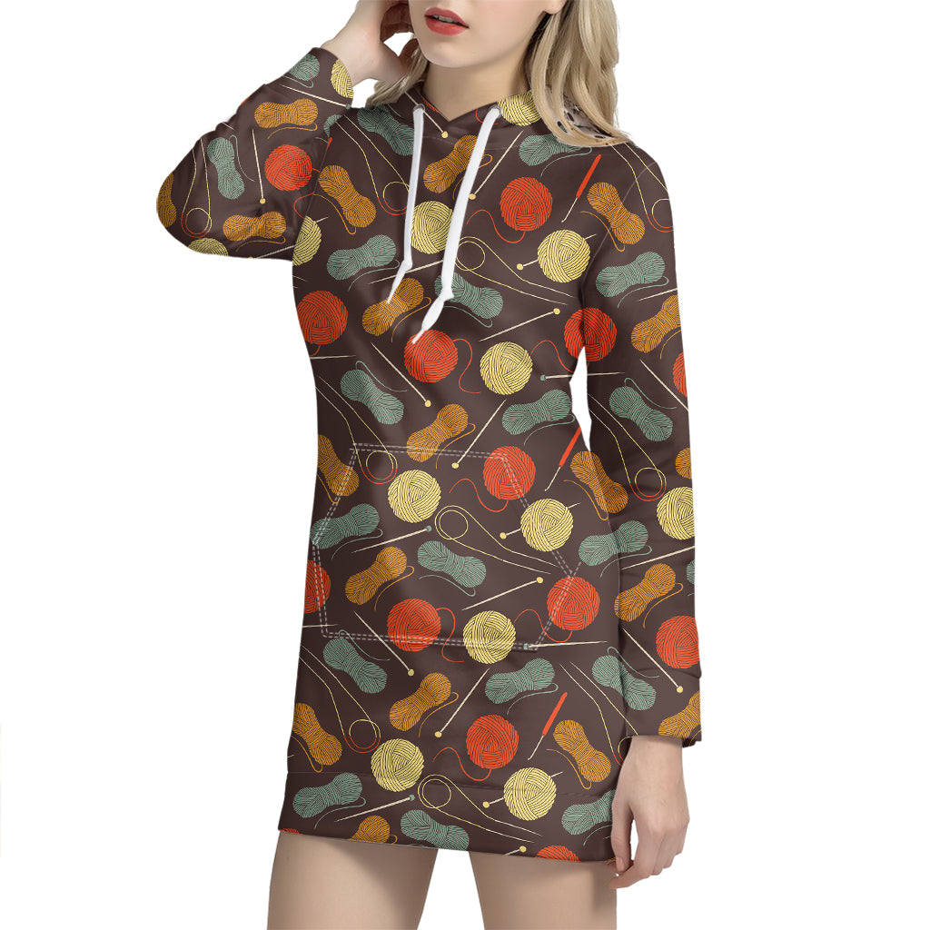 Yarn And Needle Pattern Print Hoodie Dress