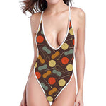 Yarn And Needle Pattern Print One Piece High Cut Swimsuit