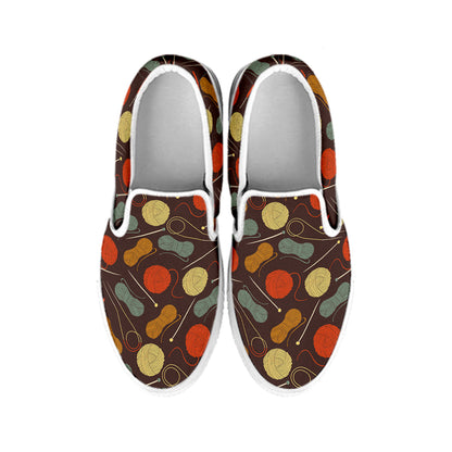 Yarn And Needle Pattern Print White Slip On Shoes