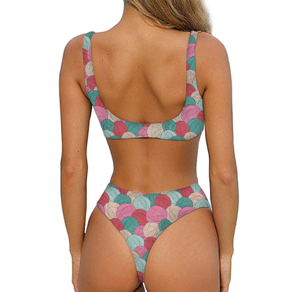 Yarn Balls Pattern Print Front Bow Tie Bikini