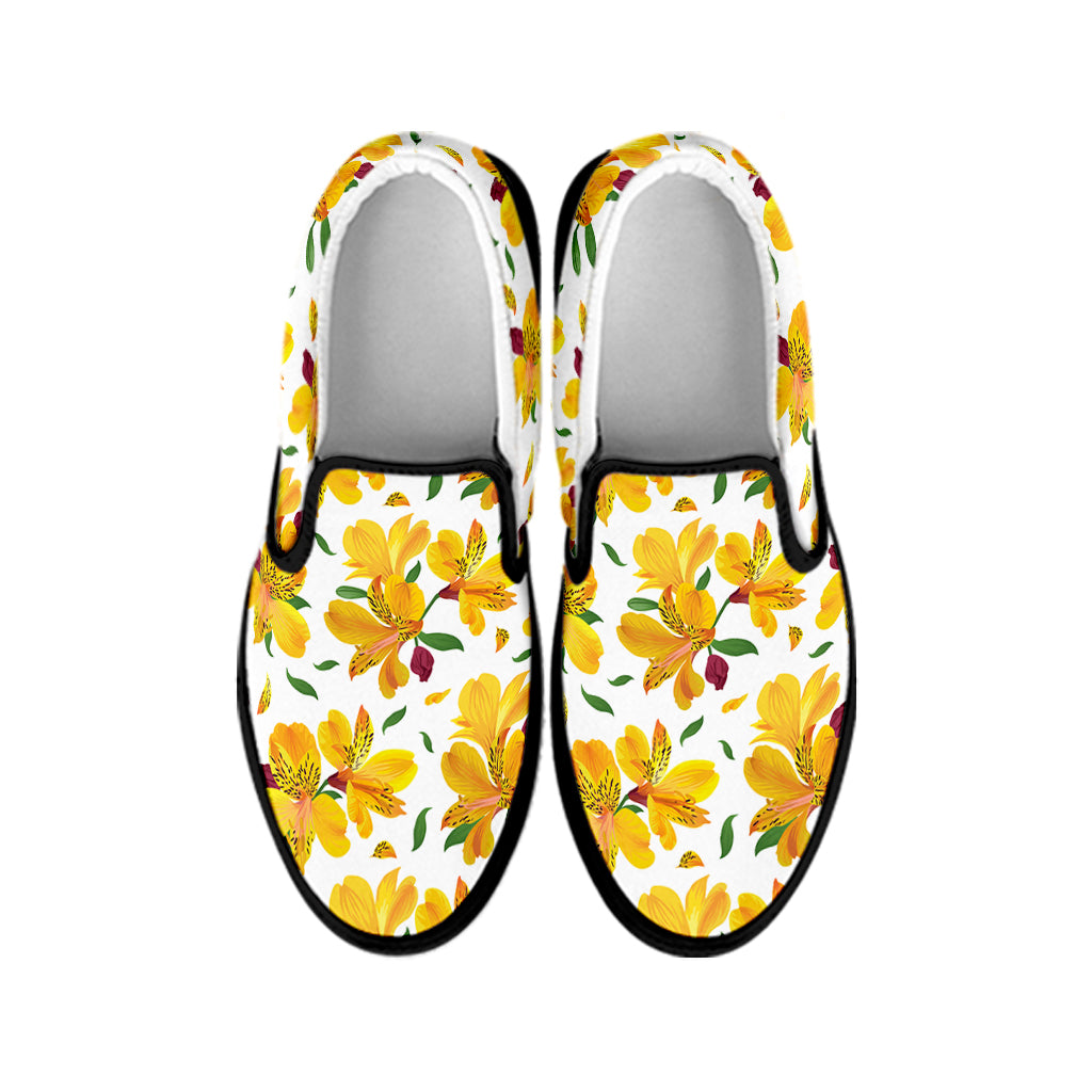 Yellow Alstroemeria Pattern Print Black Slip On Shoes