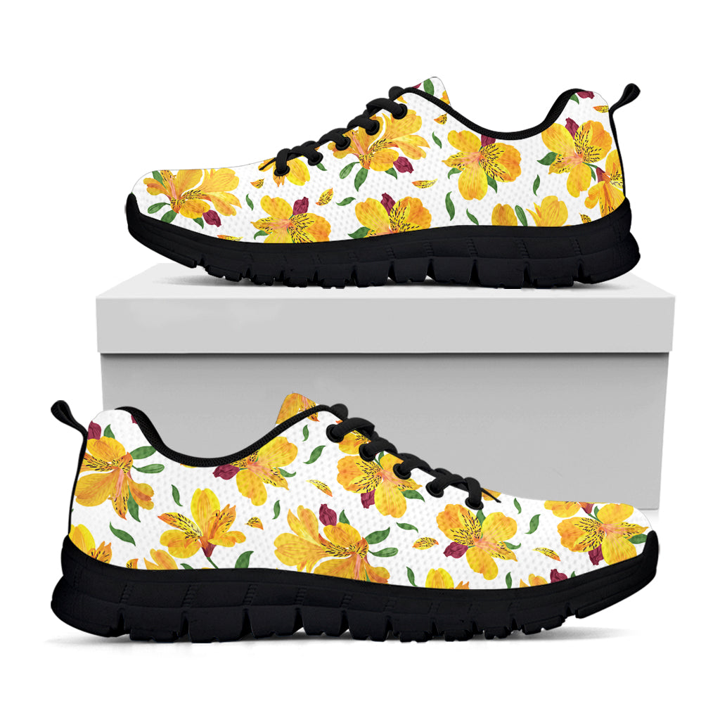 Yellow Alstroemeria Pattern Print Black Sneakers