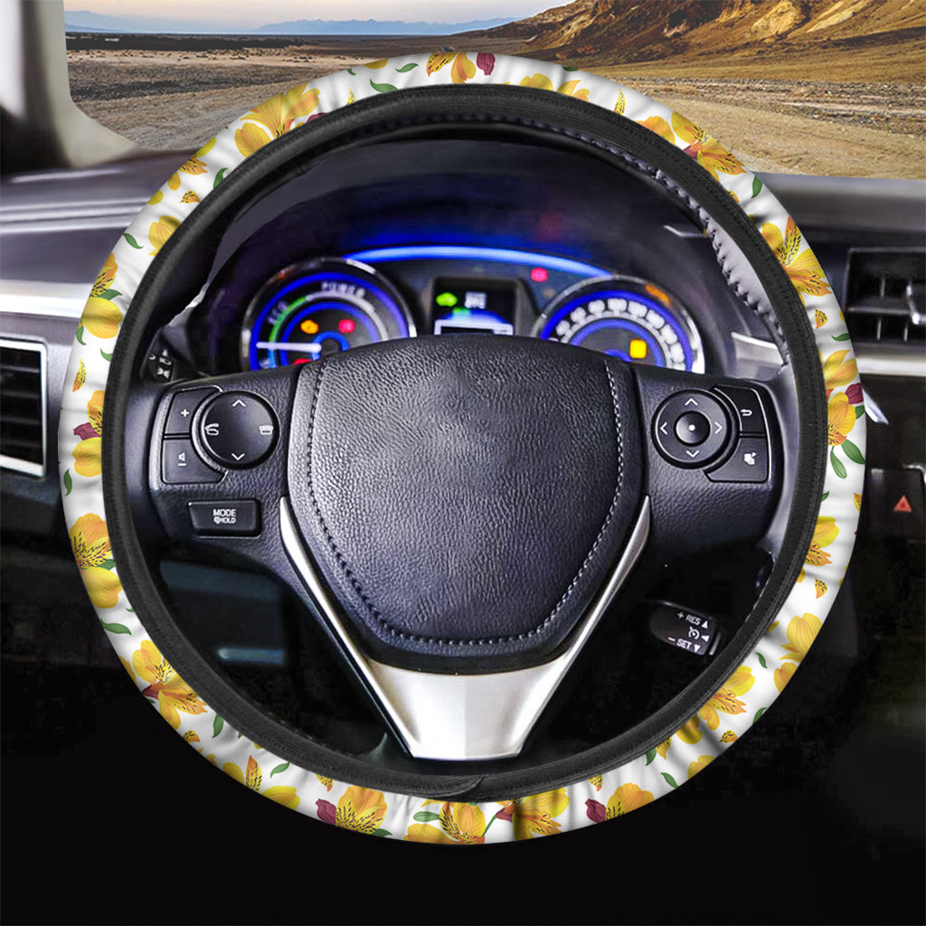 Yellow Alstroemeria Pattern Print Car Steering Wheel Cover