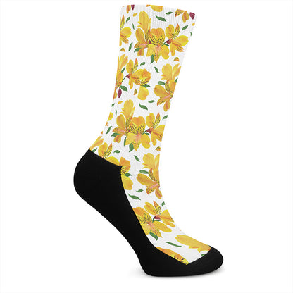 Yellow Alstroemeria Pattern Print Crew Socks