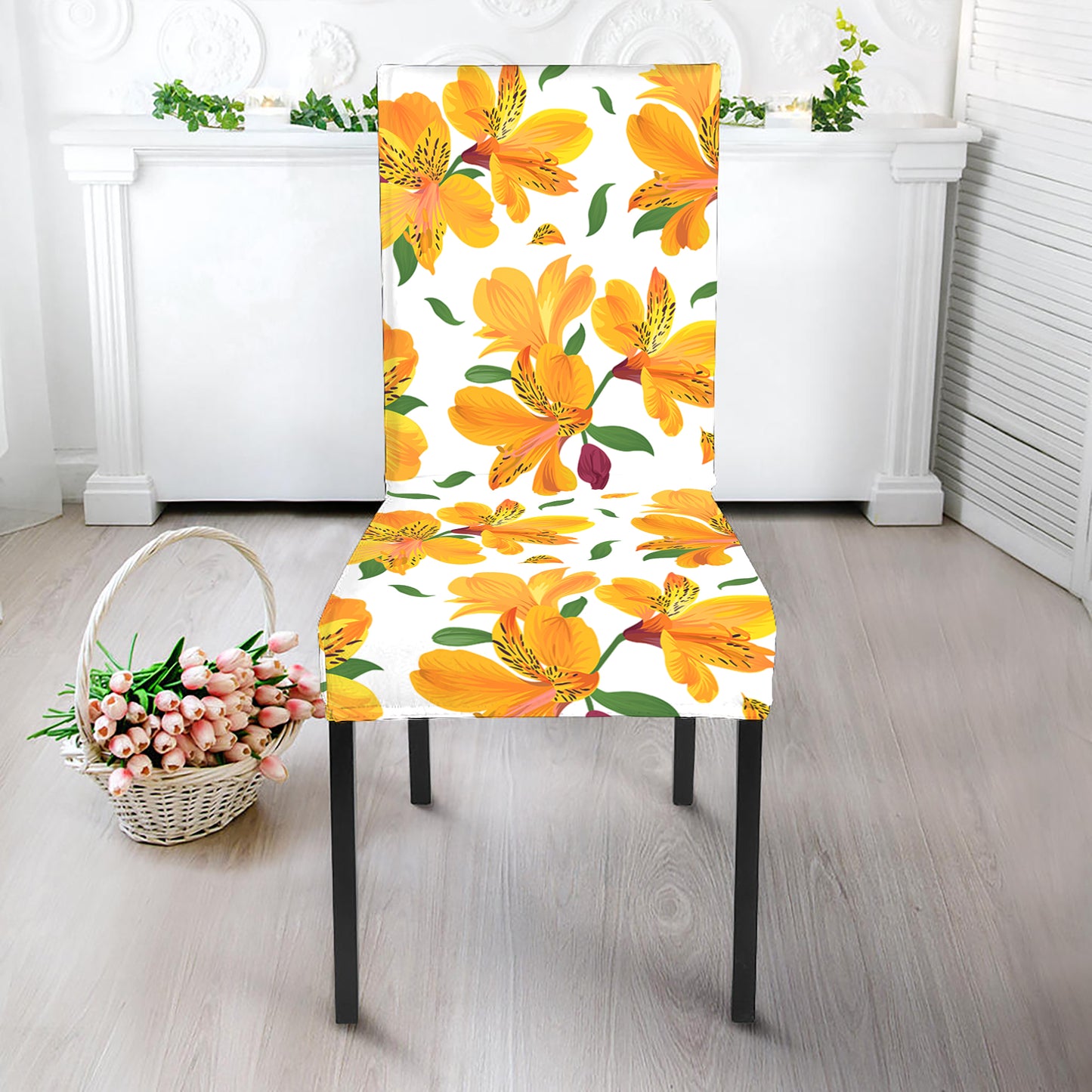 Yellow Alstroemeria Pattern Print Dining Chair Slipcover