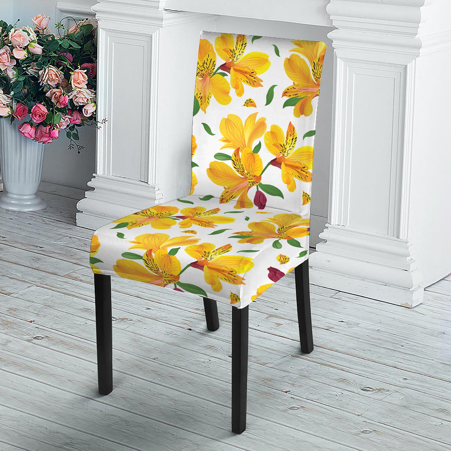 Yellow Alstroemeria Pattern Print Dining Chair Slipcover