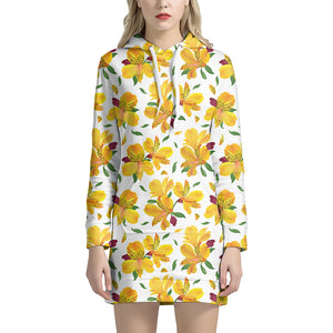 Yellow Alstroemeria Pattern Print Hoodie Dress