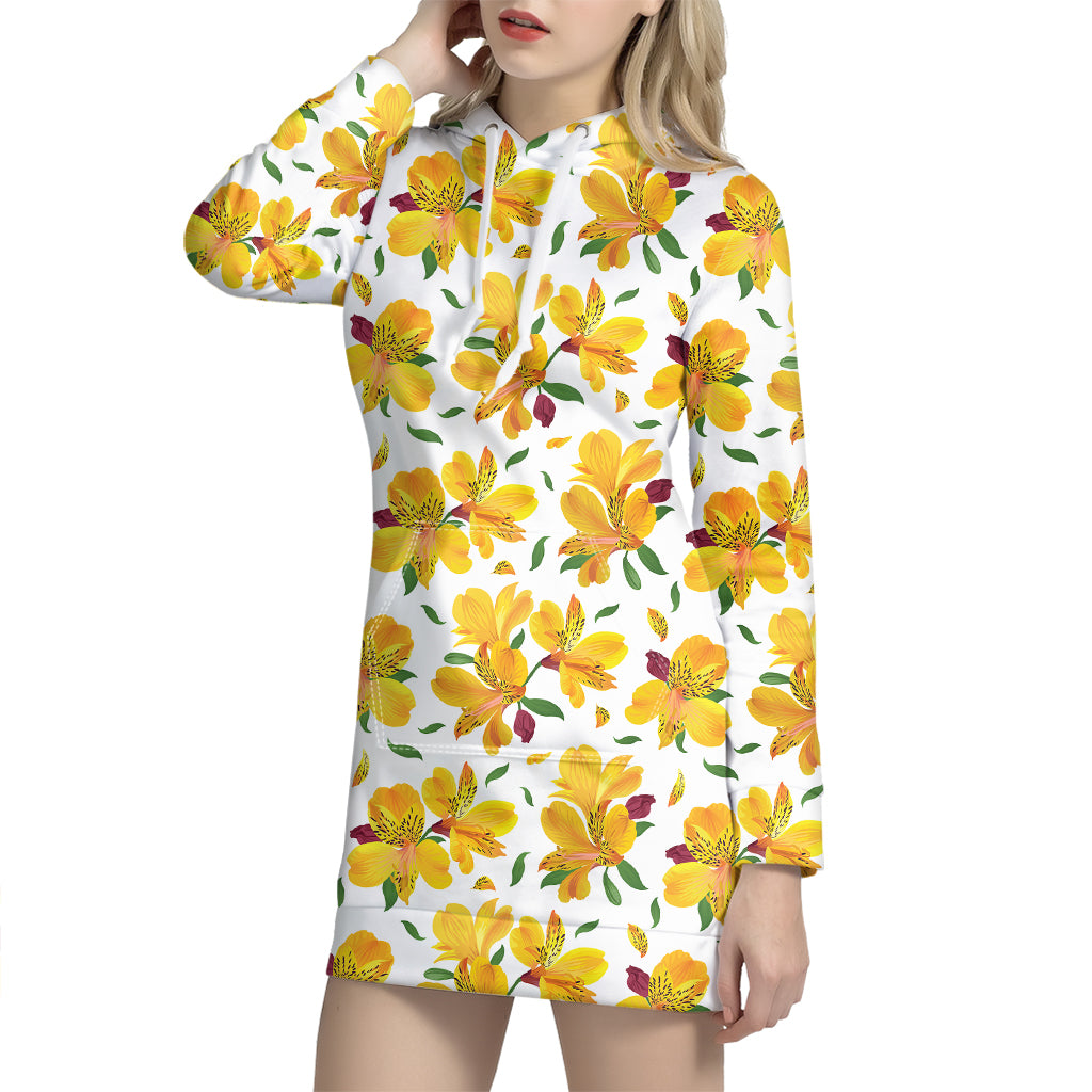 Yellow Alstroemeria Pattern Print Hoodie Dress