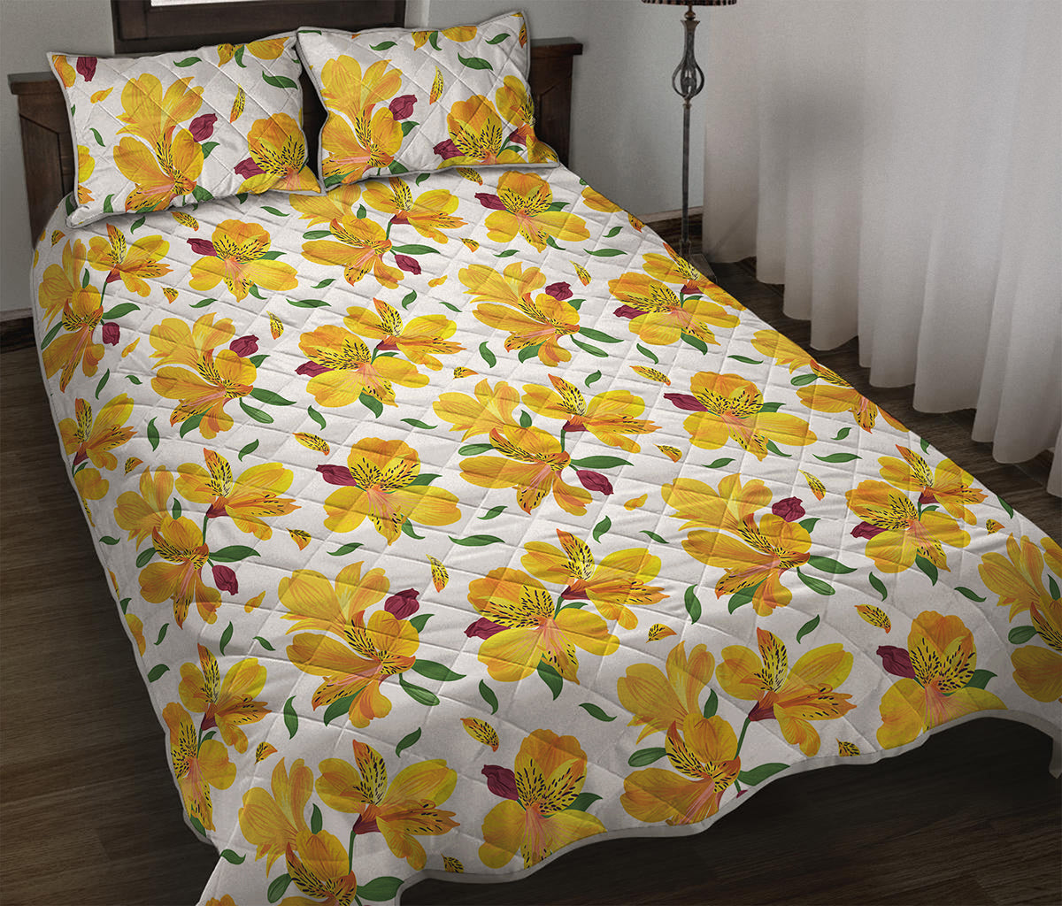Yellow Alstroemeria Pattern Print Quilt Bed Set