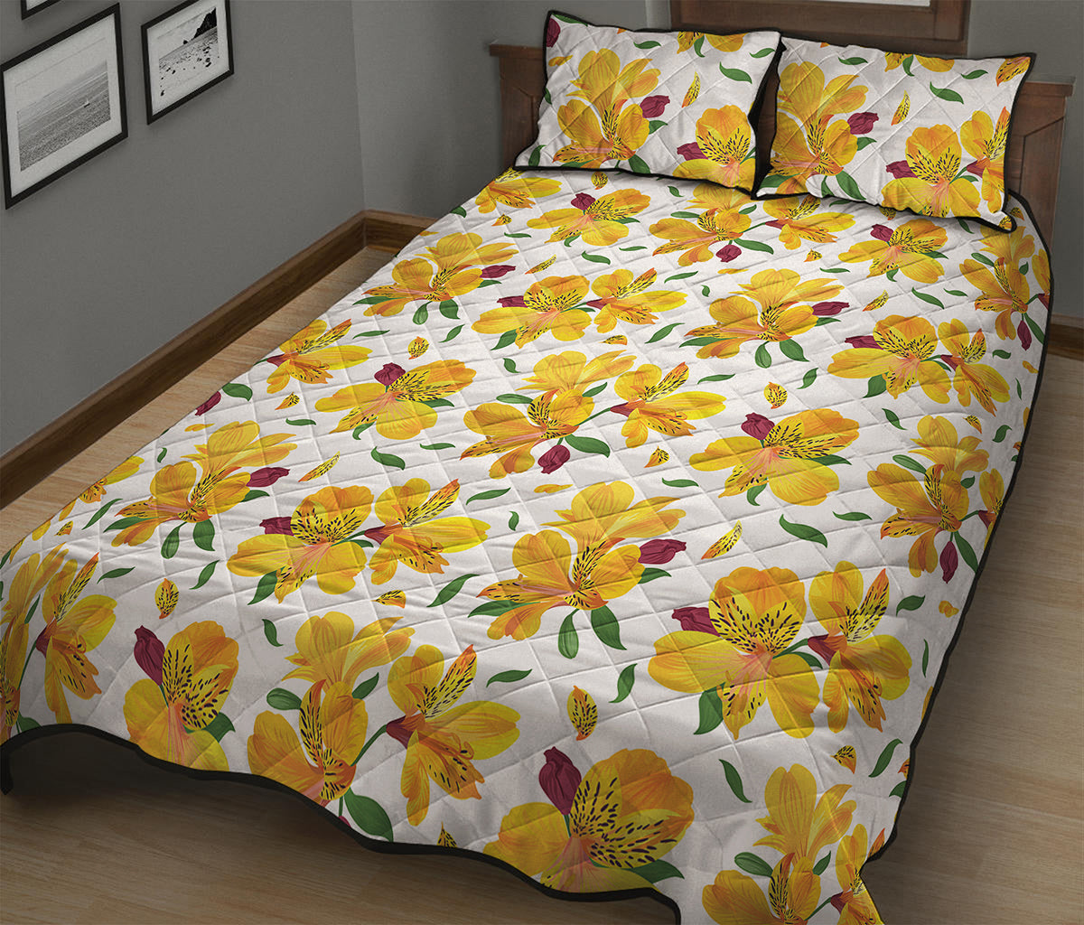Yellow Alstroemeria Pattern Print Quilt Bed Set