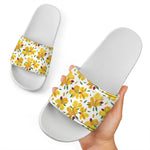 Yellow Alstroemeria Pattern Print White Slide Sandals