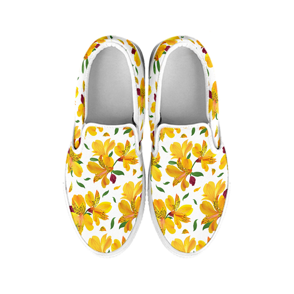 Yellow Alstroemeria Pattern Print White Slip On Shoes