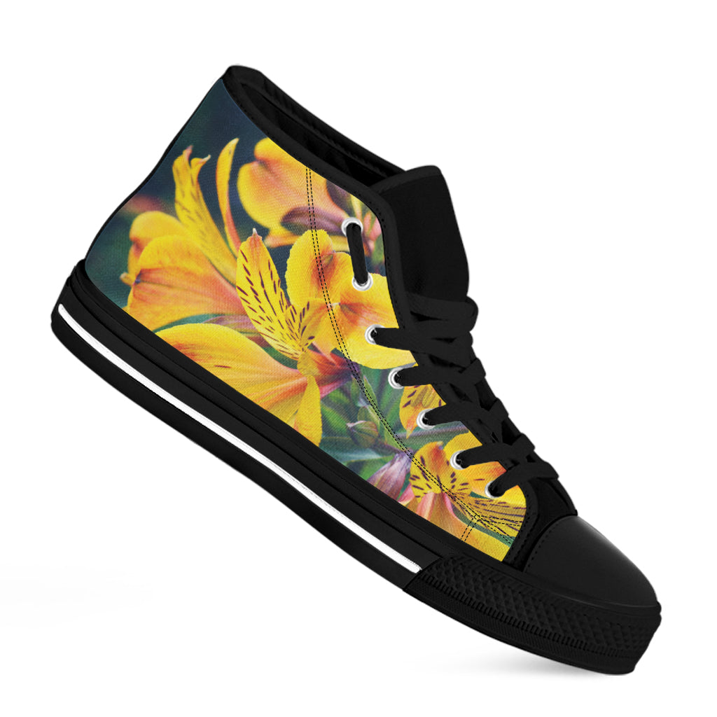 Yellow Alstroemeria Print Black High Top Shoes