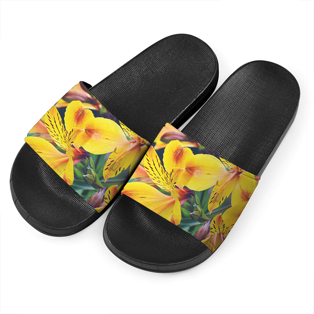 Yellow Alstroemeria Print Black Slide Sandals