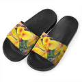 Yellow Alstroemeria Print Black Slide Sandals