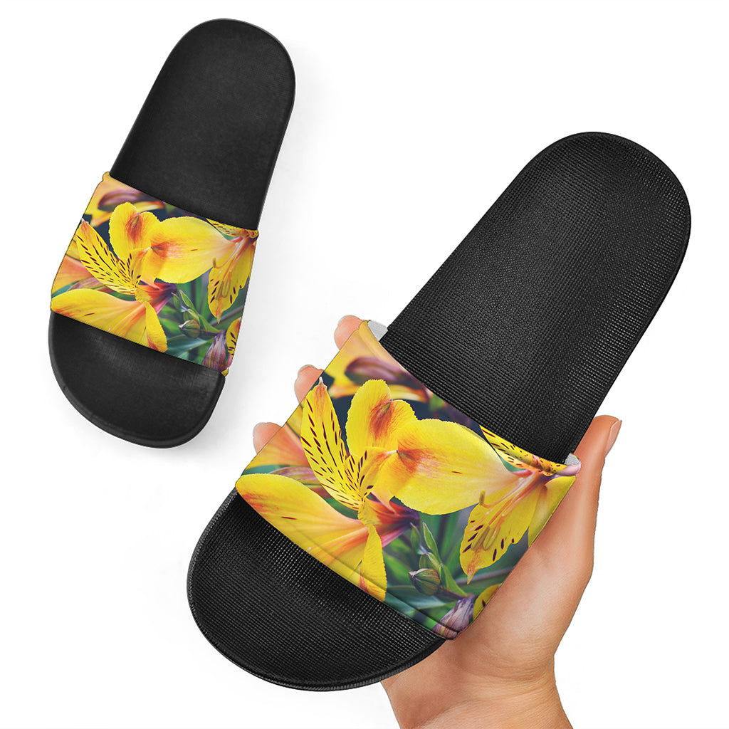 Yellow Alstroemeria Print Black Slide Sandals