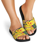 Yellow Alstroemeria Print Black Slide Sandals