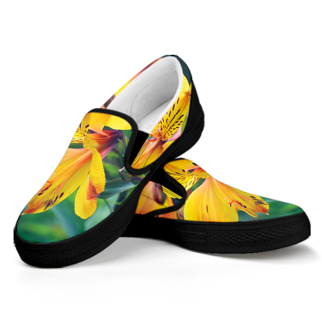 Yellow Alstroemeria Print Black Slip On Shoes