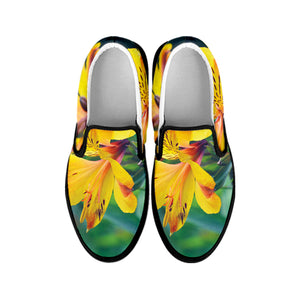 Yellow Alstroemeria Print Black Slip On Shoes