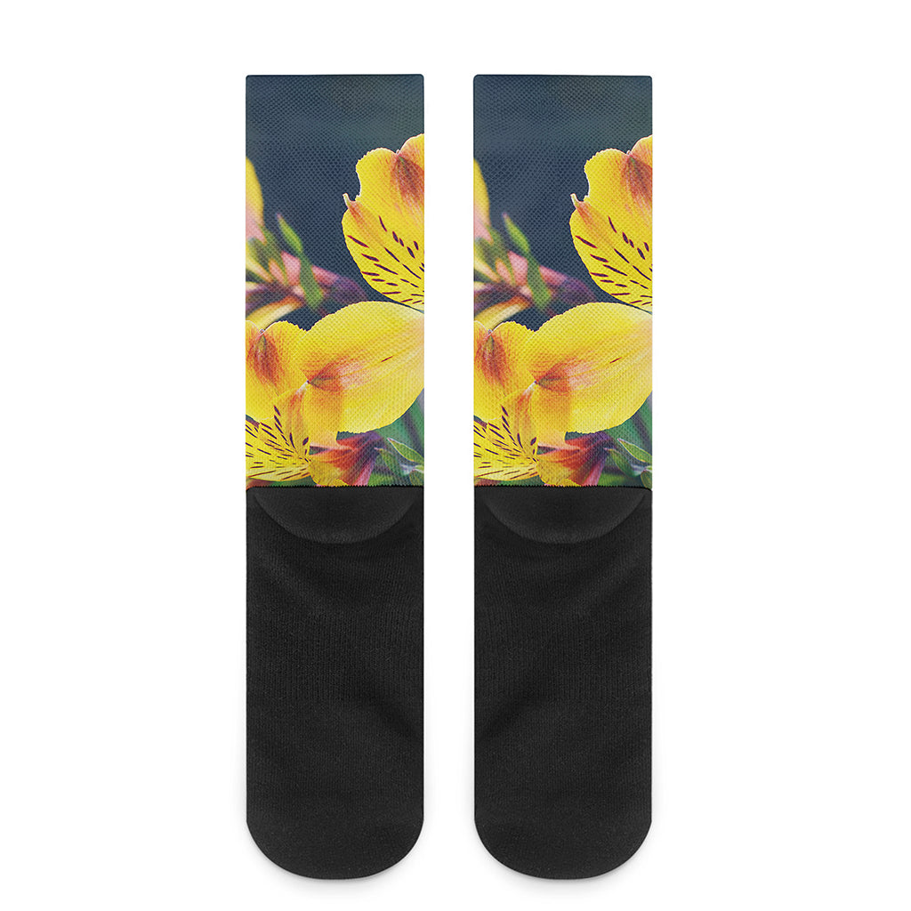 Yellow Alstroemeria Print Crew Socks