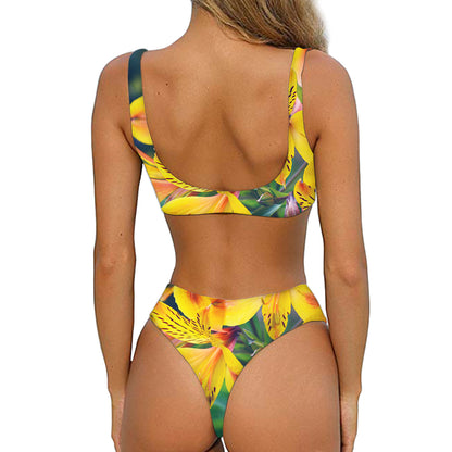 Yellow Alstroemeria Print Front Bow Tie Bikini