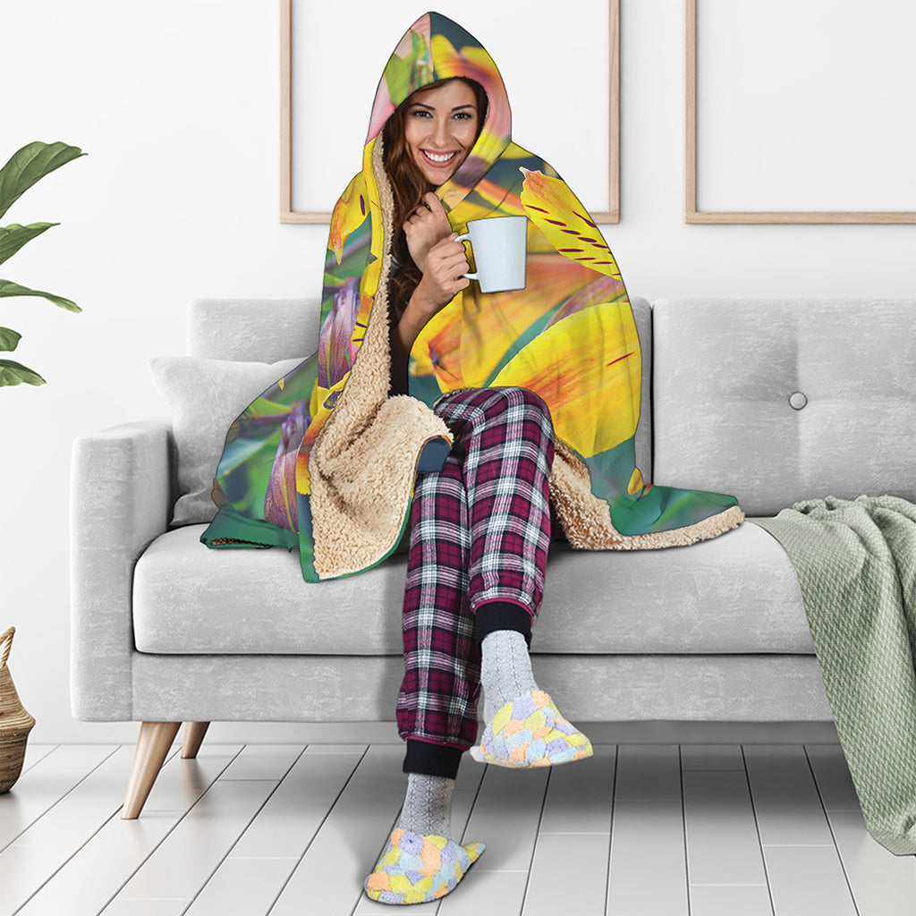Yellow Alstroemeria Print Hooded Blanket