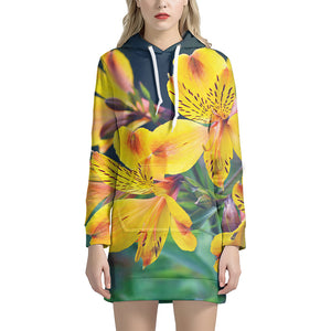 Yellow Alstroemeria Print Hoodie Dress