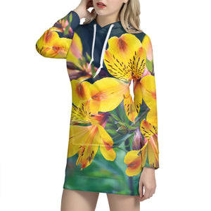 Yellow Alstroemeria Print Hoodie Dress