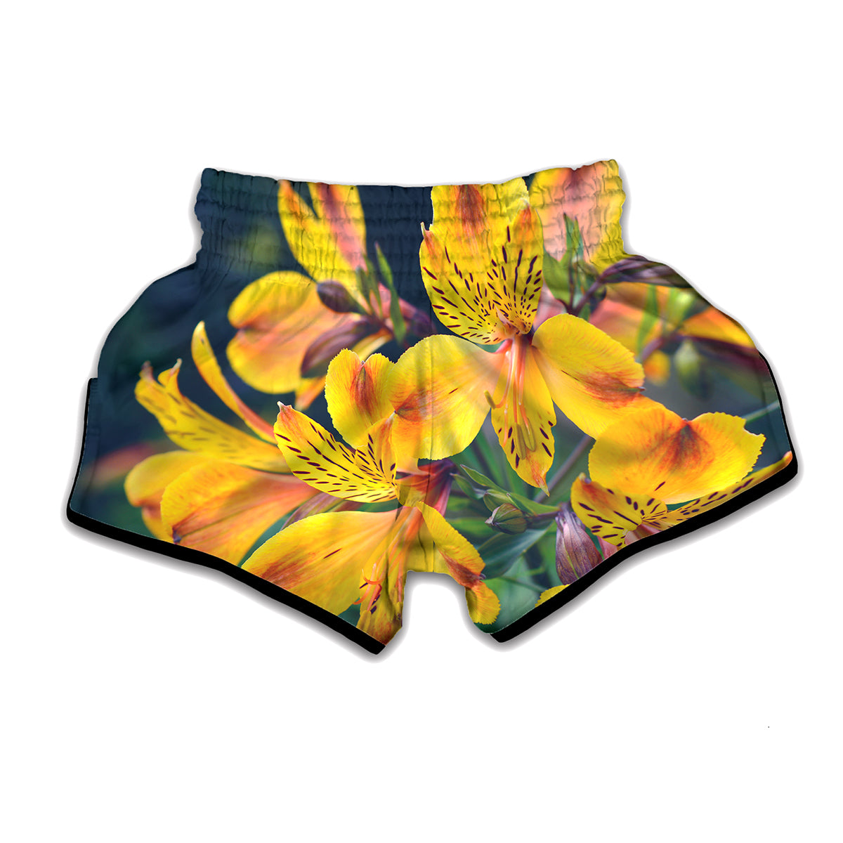 Yellow Alstroemeria Print Muay Thai Boxing Shorts