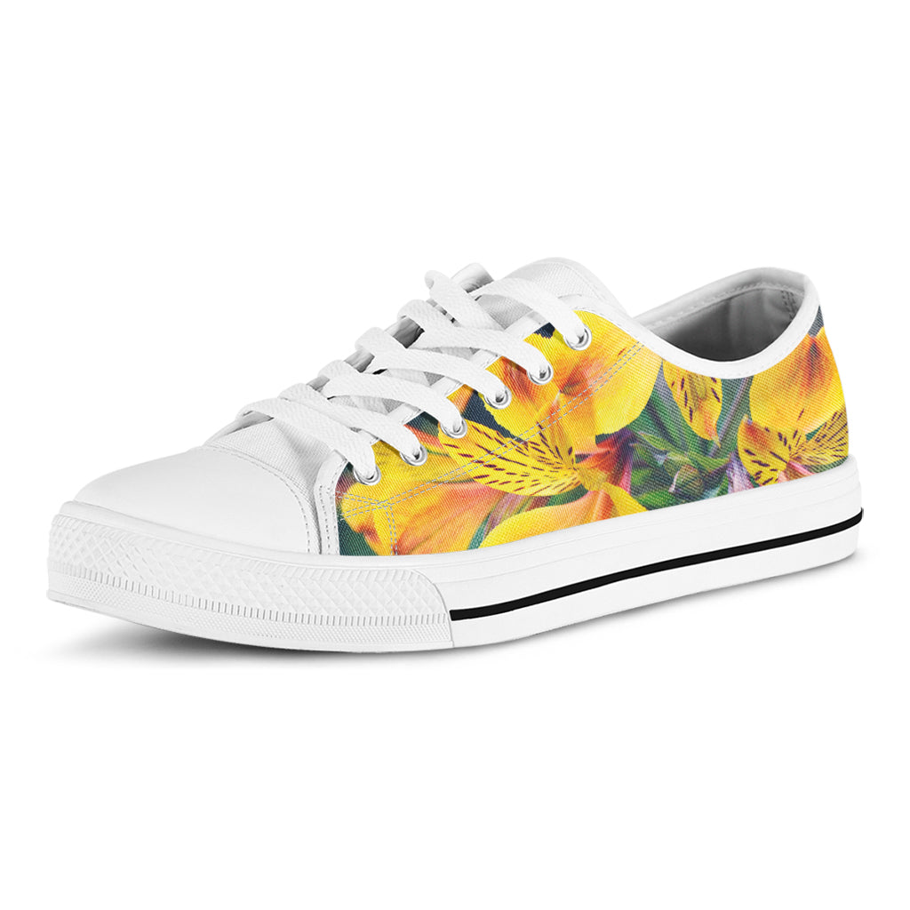 Yellow Alstroemeria Print White Low Top Shoes