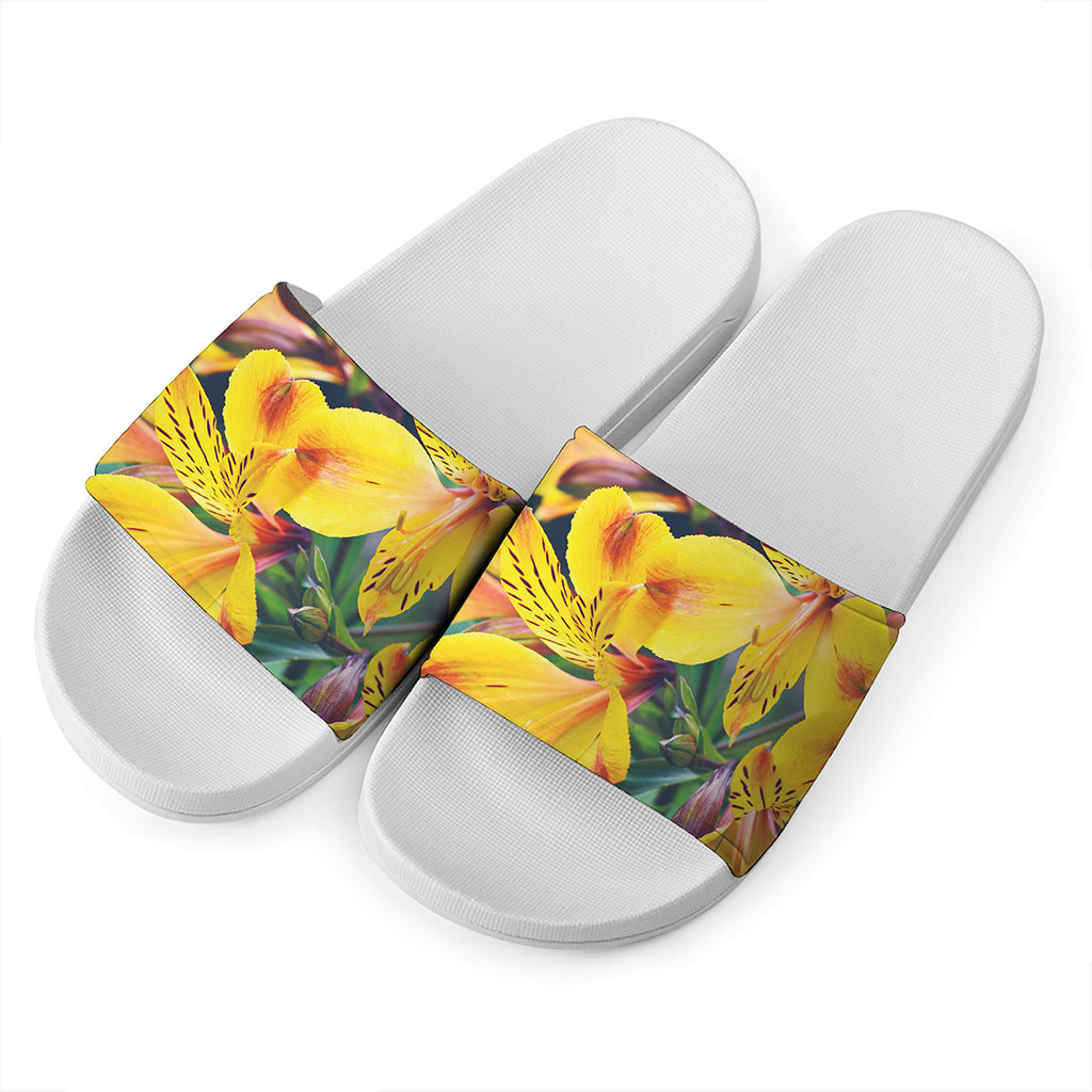 Yellow Alstroemeria Print White Slide Sandals