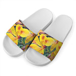 Yellow Alstroemeria Print White Slide Sandals